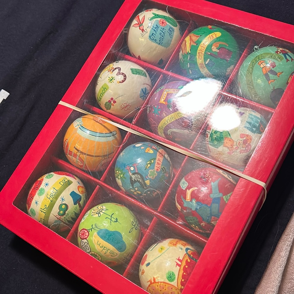 Rare Crate & Barrel Twelve Days Of Christmas Ornament Set Paper Mache Folk Art